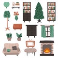 Cartoon set of furniture for living room: couches, bookcases, lamps, etc. Interior in boho style. Hand drawn vector illustration