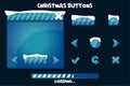 Cartoon set game ui buttons for Christmas in blue. Game user interface and loading with snow