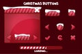 Cartoon set game ui buttons for Christmas in red. Game user interface and loading with snow