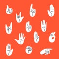 Cartoon set of gestures, flat style. Hands different movements hand-drawn palms, fingers showing numbers, like, fist, stop, ok. Royalty Free Stock Photo