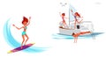 Cartoon set of girl surfing and smiling