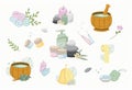 Cartoon set of items for a bath, sauna. Spa accessories, hygiene products, cosmetics, flowers and herbs Wooden tub Royalty Free Stock Photo