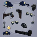 Cartoon set items of uniforms and weaponry of the police