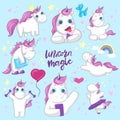 cartoon set with kind cheerful unicorns