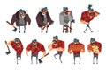 Cartoon set of lumberjack in different actions. Woodcutter with axe. Strong bearded man in hipster plaid shirt, jeans