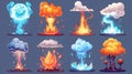 Cartoon set of magic explosions, explosive bomb blasts, summoning magic spells, clouds and smog traced with cloud, haze Royalty Free Stock Photo
