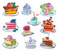 Cartoon set of a piece of cake on a plate. Different cakes with chocolate, cream and berries