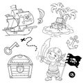 Cartoon set for pirate party for kids. Pirate ship with skull in sea. Pirate with black flag.Treasure chest. Closed coffer with