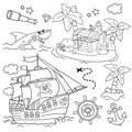 Cartoon set for pirate party for kids. Pirate ship with skull in sea. Treasure chest. Closed coffer with lock. Island of treasure