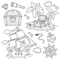 Cartoon set for pirate party for kids. Pirate ship with skull in sea. Treasure chest. Closed coffer with lock. Island of treasure