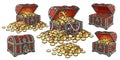 Cartoon Set Of Pirate Treasure Chests Open And Closed, Empty And Full Of Gold Coins And Jewelry. Pile Of Golden Money