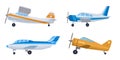 Cartoon set of private, small, propeller planes. Vector illustration isolated on white background.