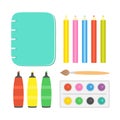 Cartoon set with school drawing supplies, flat style Royalty Free Stock Photo