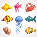 Cartoon set of sea inhabitants. Colored underwater animals. Royalty Free Stock Photo