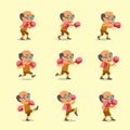 Cartoon set of senior man doing kickboxing workout Royalty Free Stock Photo