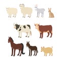 Cartoon set: sheep goat donkey horse cow bull pig rabbit