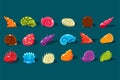 Cartoon set with shiny sea shells of different shapes and kinds. Colorful aquarium decor objects. Flat vector design Royalty Free Stock Photo