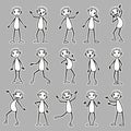 Cartoon set of stick figure man. Vector emotions and poses.