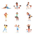 Cartoon set of tired young parents in different poses. Fathers, mothers, little boys and girls. Kids want to play