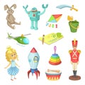 Cartoon set of toys for kids boys and girls. Funny vector icons Royalty Free Stock Photo