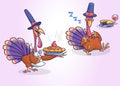 Cartoon set of two turkeys isolated. Vector turkey serving a meal