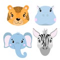 Cartoon set Vector Animals face,four objects. Leopard, hippo, elephant, zebra.