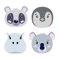 Cartoon set Vector Animals face,four objects panda, koala, hippo, penguin.