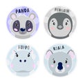 Cartoon set Vector Animals face,four objects panda, koala, hippo, penguin.