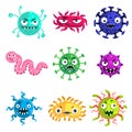Cartoon set of virus, bacteria, microbe and parasite infection. Funny illness emoticon characters vector illustration isolated on