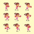 Cartoon set of woman doing kickboxing workout