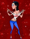 Cartoon sexy woman in jeans with suspenders eccentricly dancing