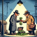 Cartoon shady deal villains spy agents cash briefcase night money