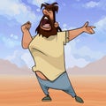 Cartoon shaggy bearded man singing expressively in the desert