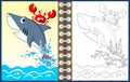 Cartoon of shark with crab, coloring page or book