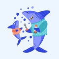 Cartoon shark family blow bubbles vector flat illustration. Colorful cute parent and child fish having fun together Royalty Free Stock Photo