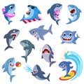 Cartoon shark. Funny sharks, sea predators. Ocean wildlife characters. Pink and blue fish with baby, smile water animals Royalty Free Stock Photo