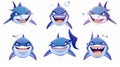 Cartoon shark mascot with different emotions on white background. Fish with teeth smiling, angry, hungry, sad and Royalty Free Stock Photo