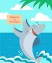 Cartoon shark poster. Sharks typography, kids prints or baby book cover. Cute beach graphics, summer vacation. Ocean