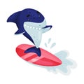 Cartoon shark surfer. Vector illustration on white background.