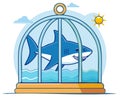 Cartoon shark trapped inside a cage in water with sun and clouds above Royalty Free Stock Photo