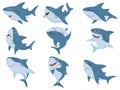 Cartoon sharks. Comic shark animals, scary jaws and ocean swimming angry sharks vector illustration set Royalty Free Stock Photo