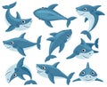 Cartoon sharks. Cute underwater shark animals, toothy fish mascot, ocean fauna character. Sharks creatures mascots