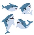 Cartoon sharks in different actions set