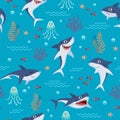 Cartoon sharks pattern. Seamless background with cute marine fishes, smiling shark characters and sea underwater world