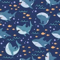 Cartoon sharks pattern. Seamless ocean swim, marine shark and sea underwater vector background