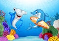 Cartoon sharks with tropical underwater background
