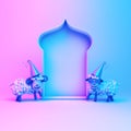 Cartoon sheep, arabic window on blue pink gradient background copy space text