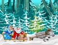 Cartoon sheep driven in a sleigh of Santa Claus and Snow Maiden Royalty Free Stock Photo