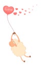 Cartoon sheep flies on a balloon