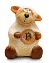 Cartoon sheep holding gold bitcoin Royalty Free Stock Photo